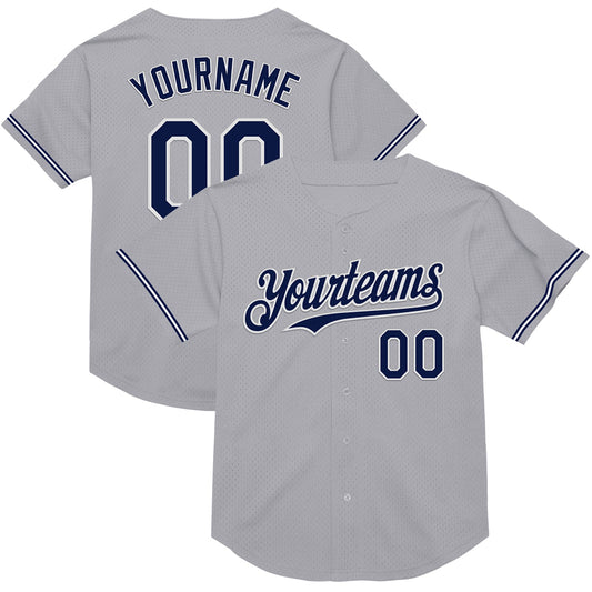 Custom Gray Navy-White Mesh Authentic Throwback Baseball Jersey - Sky-Custom