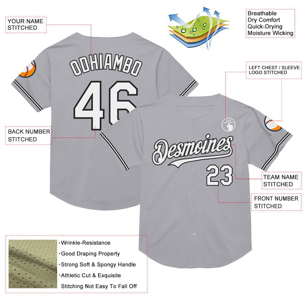 Custom Gray White-Black Mesh Authentic Throwback Baseball Jersey - Sky-Custom