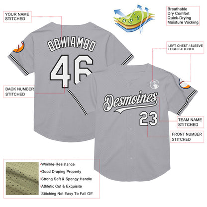 Custom Gray White-Black Mesh Authentic Throwback Baseball Jersey - Sky-Custom