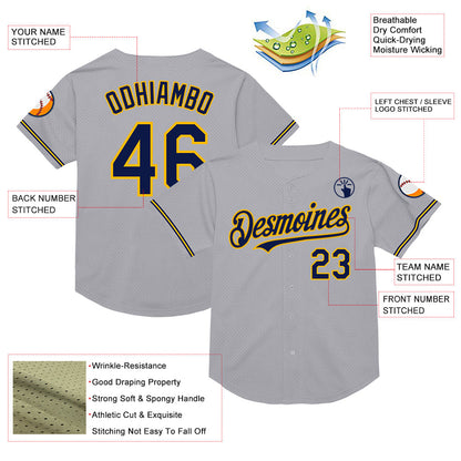 Custom Gray Navy-Gold Mesh Authentic Throwback Baseball Jersey - Sky-Custom