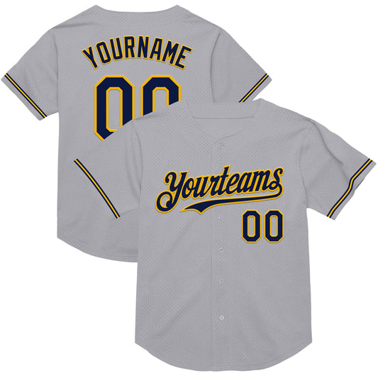 Custom Gray Navy-Gold Mesh Authentic Throwback Baseball Jersey - Sky-Custom