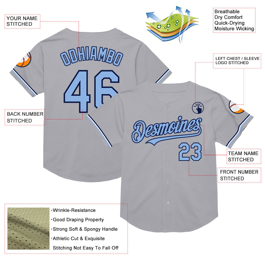 Custom Gray Light Blue-Navy Mesh Authentic Throwback Baseball Jersey - Sky-Custom