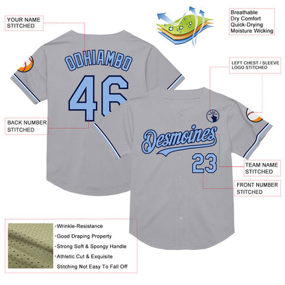 Custom Gray Light Blue-Navy Mesh Authentic Throwback Baseball Jersey - Sky-Custom
