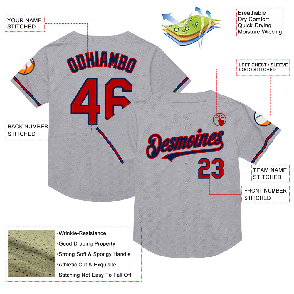 Custom Gray Red-Navy Mesh Authentic Throwback Baseball Jersey - Sky-Custom