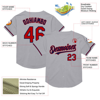 Custom Gray Red-Navy Mesh Authentic Throwback Baseball Jersey - Sky-Custom