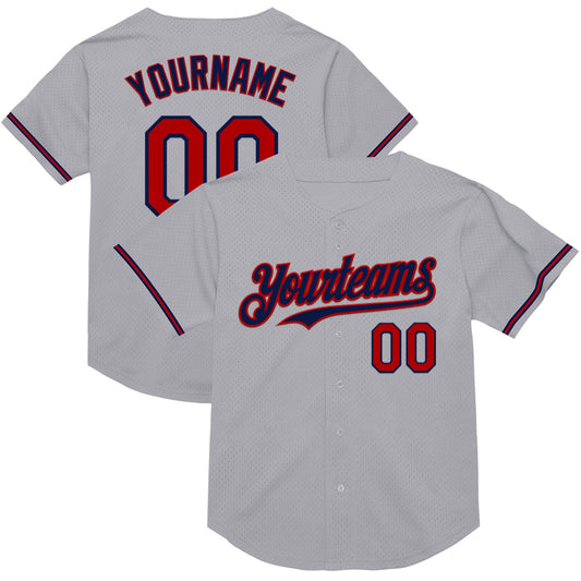 Custom Gray Red-Navy Mesh Authentic Throwback Baseball Jersey - Sky-Custom