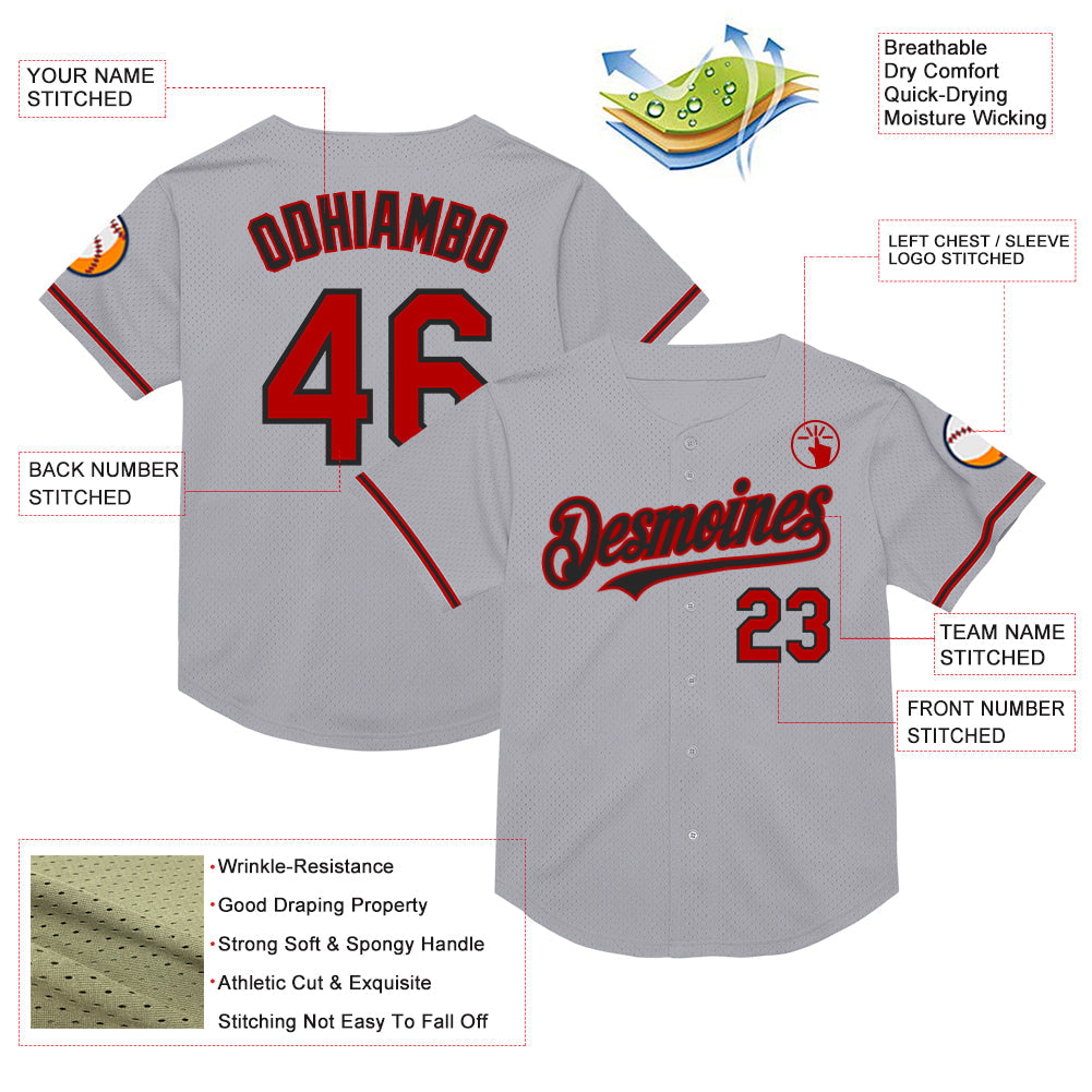Custom Gray Red-Black Mesh Authentic Throwback Baseball Jersey - Sky-Custom