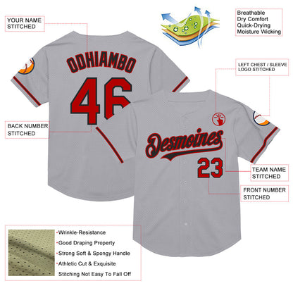 Custom Gray Red-Black Mesh Authentic Throwback Baseball Jersey - Sky-Custom