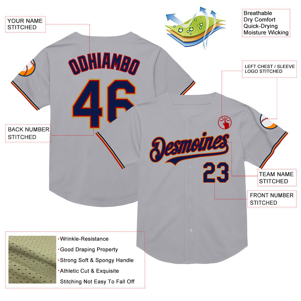 Custom Gray Navy Red-Old Gold Mesh Authentic Throwback Baseball Jersey - Sky-Custom