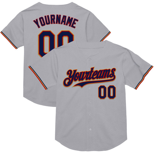 Custom Gray Navy Red-Old Gold Mesh Authentic Throwback Baseball Jersey - Sky-Custom