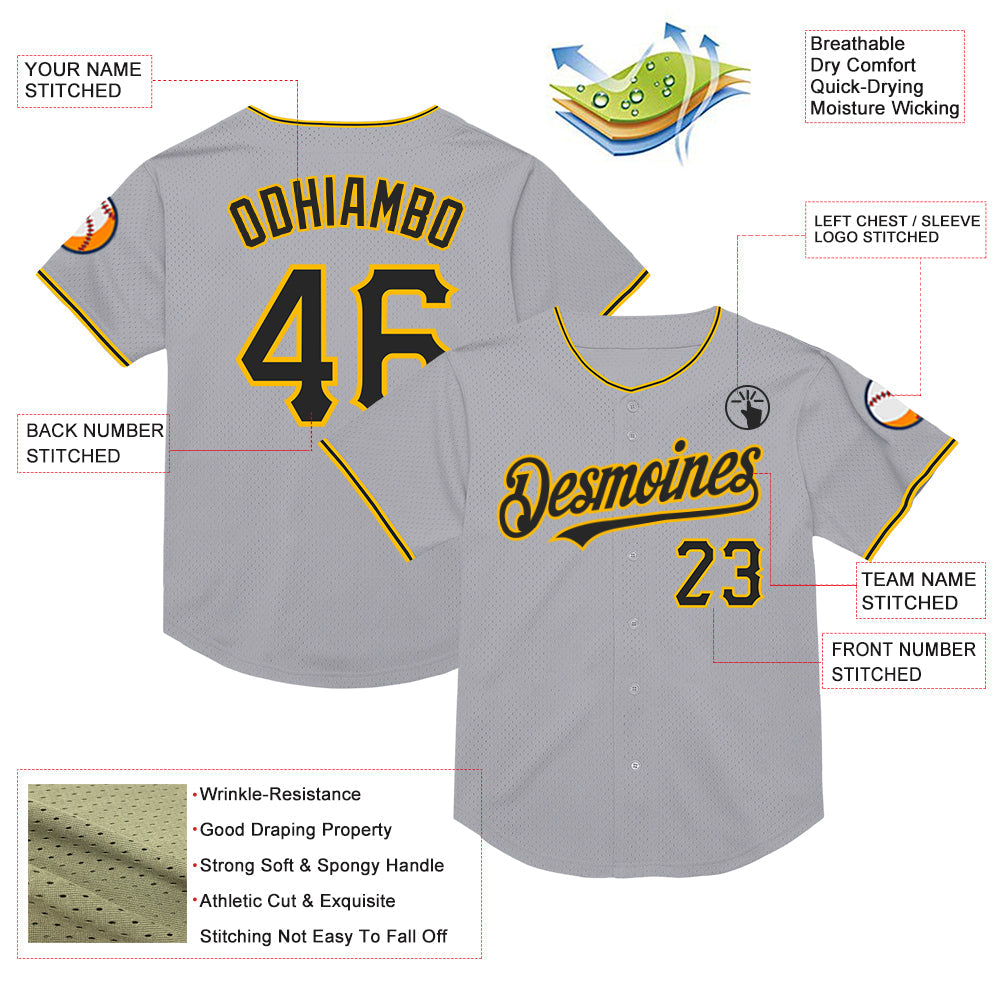 Custom Gray Black-Gold Mesh Authentic Throwback Baseball Jersey - Sky-Custom