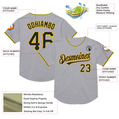 Custom Gray Black-Gold Mesh Authentic Throwback Baseball Jersey - Sky-Custom
