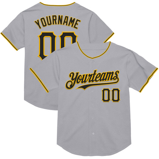 Custom Gray Black-Gold Mesh Authentic Throwback Baseball Jersey - Sky-Custom