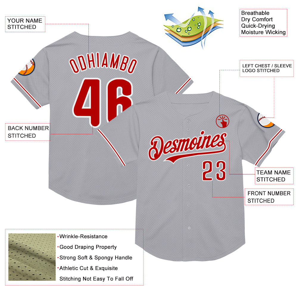 Custom Gray Red-White Mesh Authentic Throwback Baseball Jersey - Sky-Custom