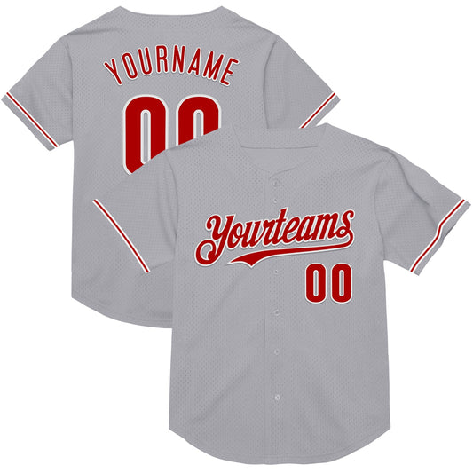Custom Gray Red-White Mesh Authentic Throwback Baseball Jersey - Sky-Custom