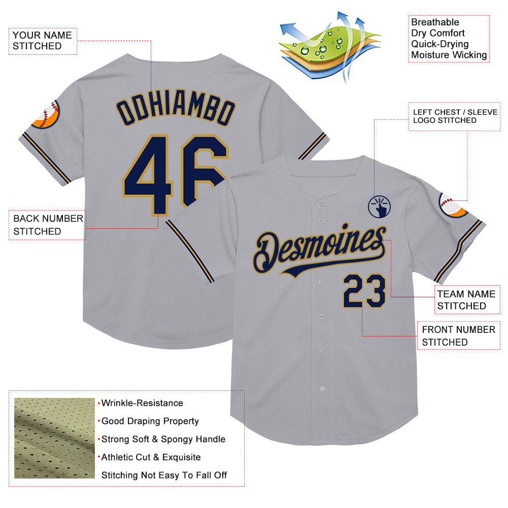 Custom Gray Navy-Old Gold Mesh Authentic Throwback Baseball Jersey - Sky-Custom