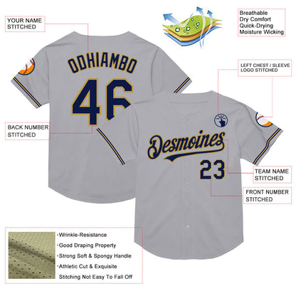 Custom Gray Navy-Old Gold Mesh Authentic Throwback Baseball Jersey - Sky-Custom