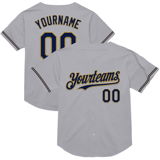 Custom Gray Navy-Old Gold Mesh Authentic Throwback Baseball Jersey - Sky-Custom