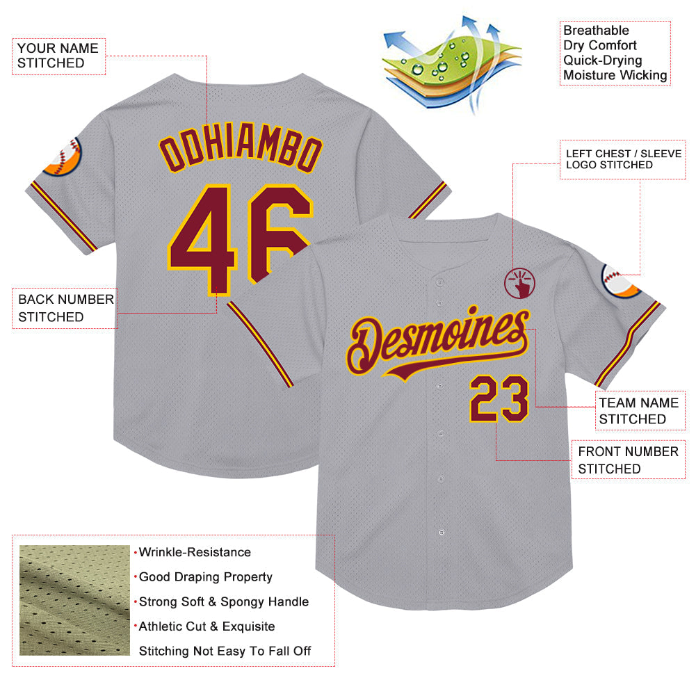 Custom Gray Crimson-Yellow Mesh Authentic Throwback Baseball Jersey - Sky-Custom