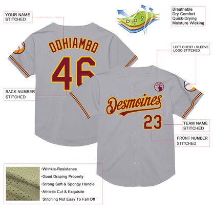 Custom Gray Crimson-Yellow Mesh Authentic Throwback Baseball Jersey - Sky-Custom