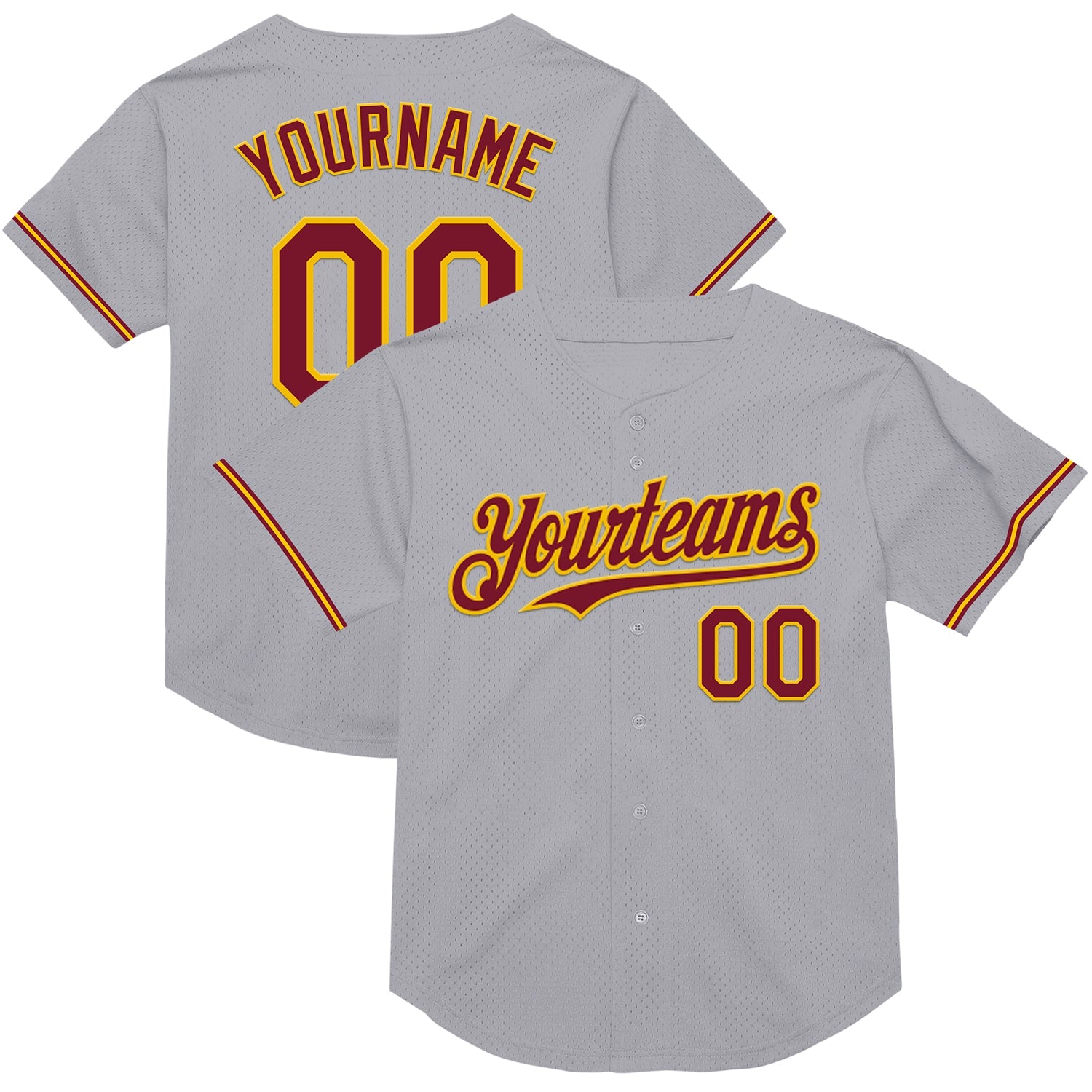 Custom Gray Crimson-Yellow Mesh Authentic Throwback Baseball Jersey - Sky-Custom