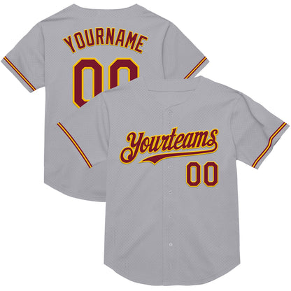 Custom Gray Crimson-Yellow Mesh Authentic Throwback Baseball Jersey - Sky-Custom