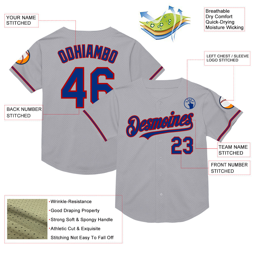 Custom Gray Royal-Red Mesh Authentic Throwback Baseball Jersey - Sky-Custom