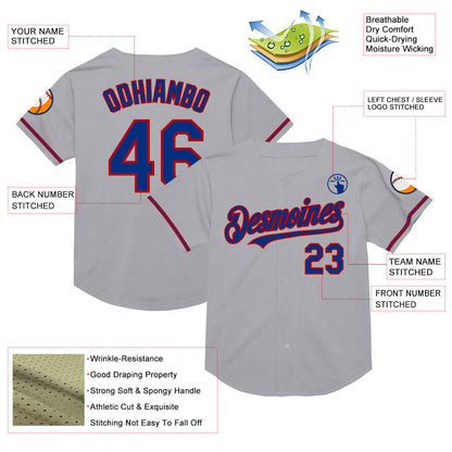 Custom Gray Royal-Red Mesh Authentic Throwback Baseball Jersey - Sky-Custom