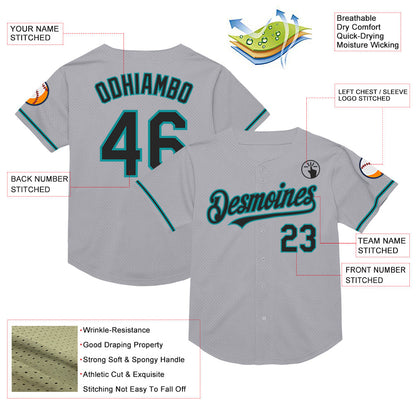 Custom Gray Black-Teal Mesh Authentic Throwback Baseball Jersey - Sky-Custom