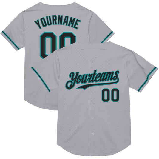Custom Gray Black-Teal Mesh Authentic Throwback Baseball Jersey - Sky-Custom