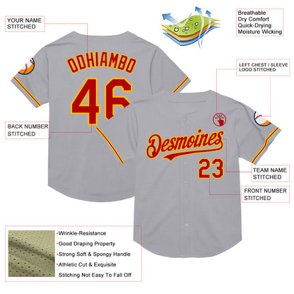 Custom Gray Red-Gold Mesh Authentic Throwback Baseball Jersey - Sky-Custom