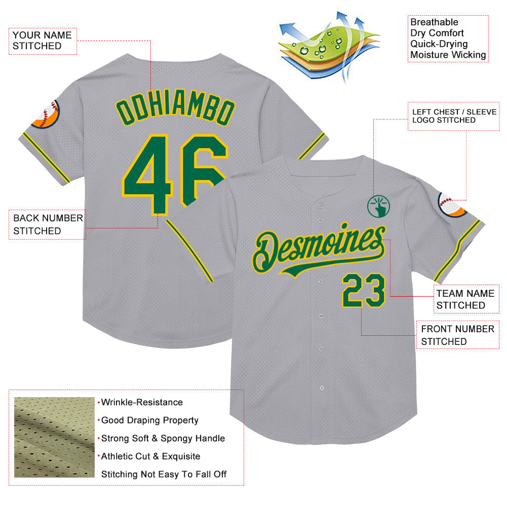 Custom Gray Kelly Green-Yellow Mesh Authentic Throwback Baseball Jersey - Sky-Custom