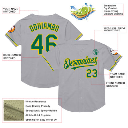 Custom Gray Kelly Green-Yellow Mesh Authentic Throwback Baseball Jersey - Sky-Custom