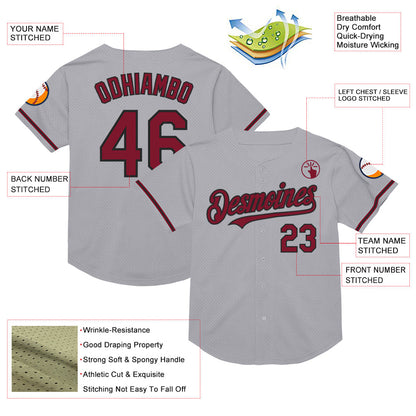 Custom Gray Crimson-Black Mesh Authentic Throwback Baseball Jersey - Sky-Custom
