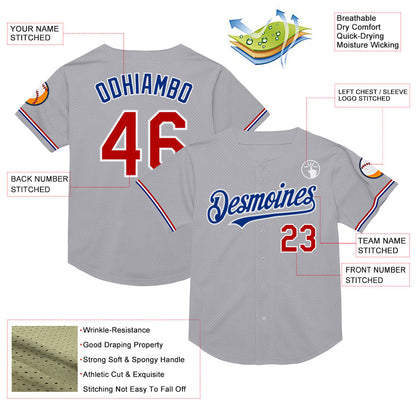 Custom Gray Red-Royal Mesh Authentic Throwback Baseball Jersey - Sky-Custom