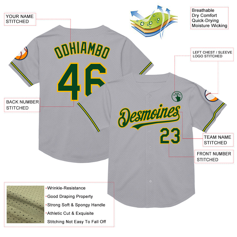 Custom Gray Green-Gold Mesh Authentic Throwback Baseball Jersey - Sky-Custom