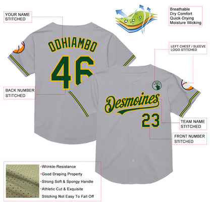 Custom Gray Green-Gold Mesh Authentic Throwback Baseball Jersey - Sky-Custom