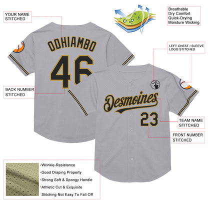 Custom Gray Black-Old Gold Mesh Authentic Throwback Baseball Jersey - Sky-Custom