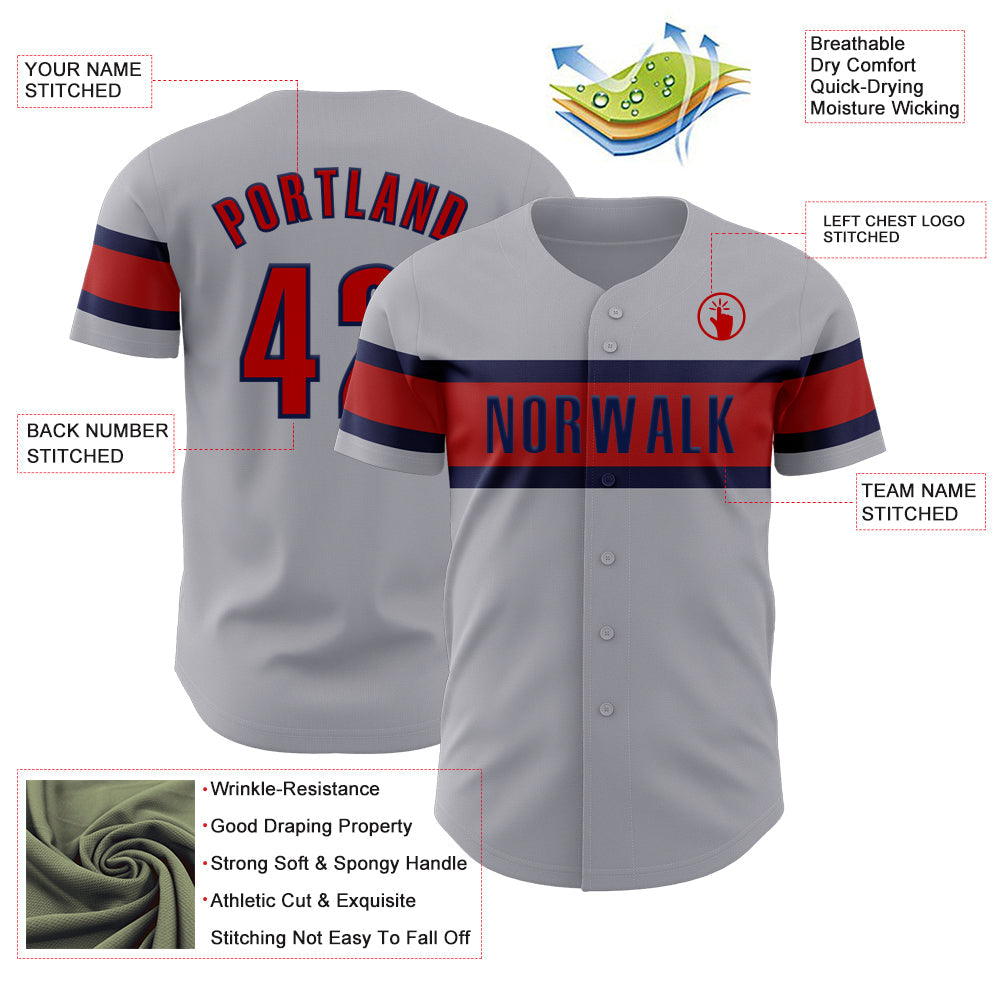 Custom Gray Red-Navy Authentic Baseball Jersey - Sky-Custom