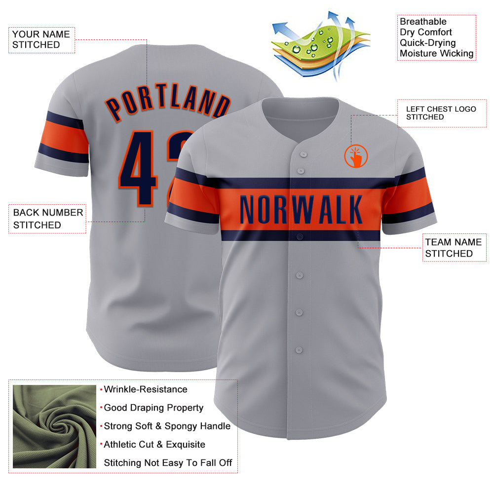 Custom Gray Navy-Orange Authentic Baseball Jersey - Sky-Custom