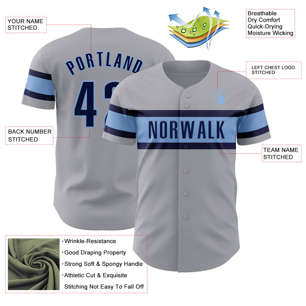 Custom Gray Navy-Light Blue Authentic Baseball Jersey - Sky-Custom