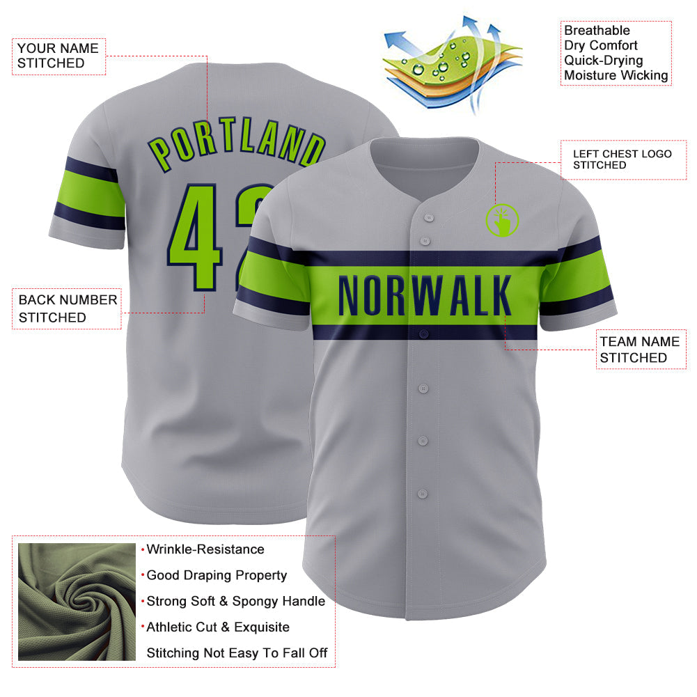 Custom Gray Neon Green-Navy Authentic Baseball Jersey - Sky-Custom