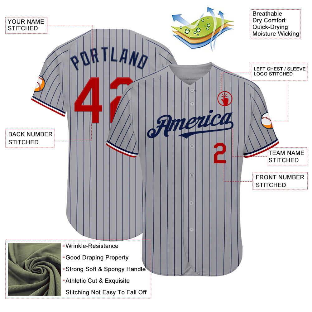 Custom Gray Navy Pinstripe Red-White Authentic Baseball Jersey - Sky-Custom