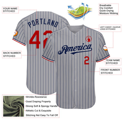 Custom Gray Navy Pinstripe Red-White Authentic Baseball Jersey - Sky-Custom