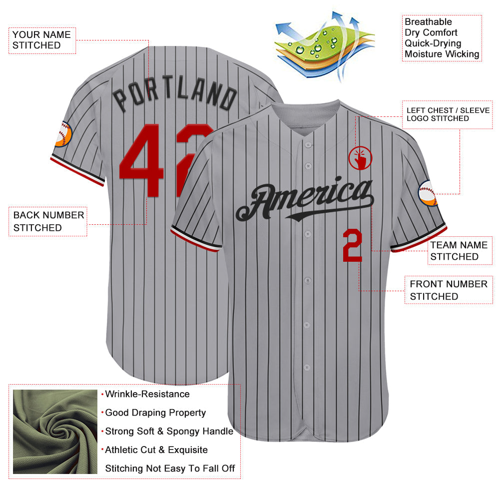 Custom Gray Black Pinstripe Red-White Authentic Baseball Jersey - Sky-Custom