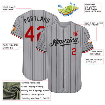 Custom Gray Black Pinstripe Red-White Authentic Baseball Jersey - Sky-Custom