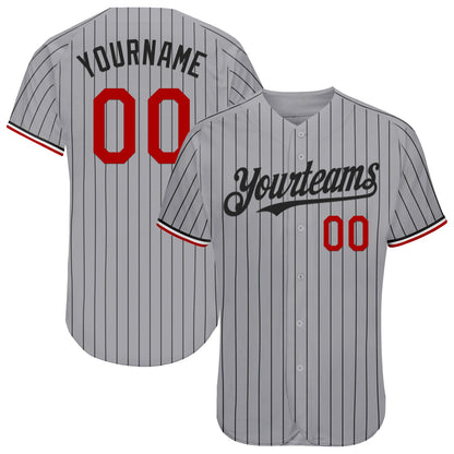 Custom Gray Black Pinstripe Red-White Authentic Baseball Jersey - Sky-Custom
