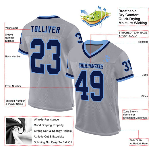Custom Gray Navy-Light Blue Mesh Authentic Throwback Football Jersey - Sky-Custom