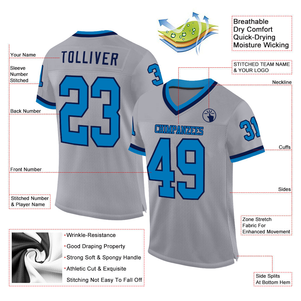 Custom Gray Blue-Navy Mesh Authentic Throwback Football Jersey - Sky-Custom