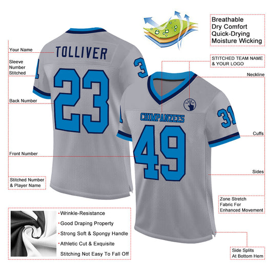Custom Gray Blue-Navy Mesh Authentic Throwback Football Jersey - Sky-Custom